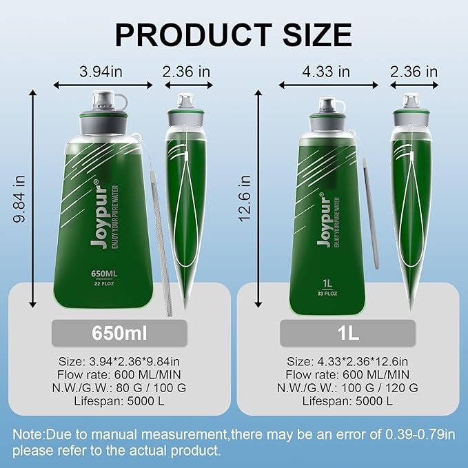 Water Filter Survival - Collapsible Water Bottle with Filter 0.01 Micron Squeeze Filtered Water Bottle 32oz for Hiking Backpacking Camping BPA-Free(Green 1000ml)