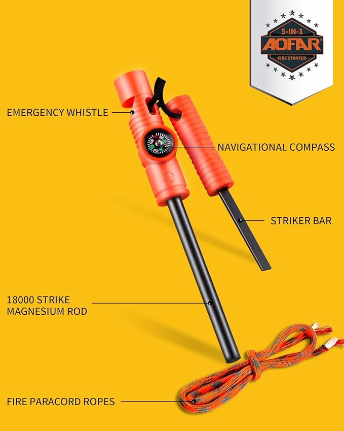 AOFAR Fire Starter AF-381/AF-381plus Fire Steel with Paracord and Whistle for Camping, Hiking, Hunting, Backpacking, Boating, Emergency Rescue…