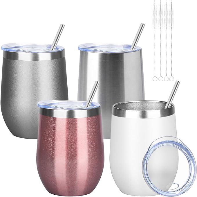 12oz/4 Pack Wine Tumbler Glasses with Lid Stemless Double Wall Vacuum Stainless Steel Travel Tumbler Keeping Cold & Hot for Wine,Coffee,Cocktails,Drinks-Family and Gifts (Multi color-3)