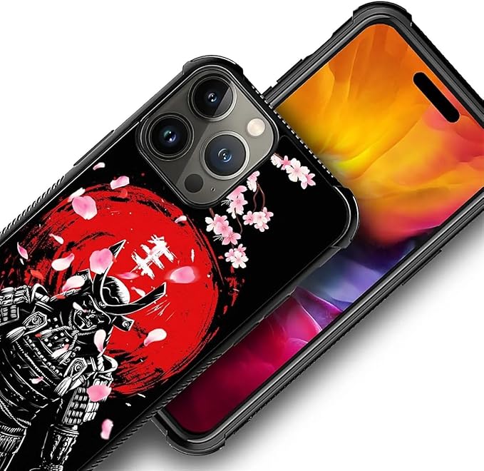 for iPhone 15 Pro Case, Sakura Japanese Samurai Pattern Graphic Design Girl Boy Soft Silicone Hard Acrylic Shock Protection for iPhone 15 Pro