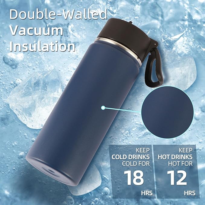 Volhoply 18oz Insulated Water Bottle Bulk 8 Pack,Kids Stainless Steel Water Bottles with Straw Lid,Wide Mouth Reusable Metal Bottle,Double Wall Vacuum Sports Flask for Cold Drink(Navy,8 Set)