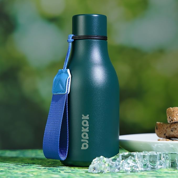 BJPKPK Insulated Water Bottles, 12oz Stainless Steel Metal Water Bottle with Strap, BPA Free Leak Proof Jugs, Mugs, Flasks, Reusable Thermal Flasks for Sports & Travel, Lake Blue