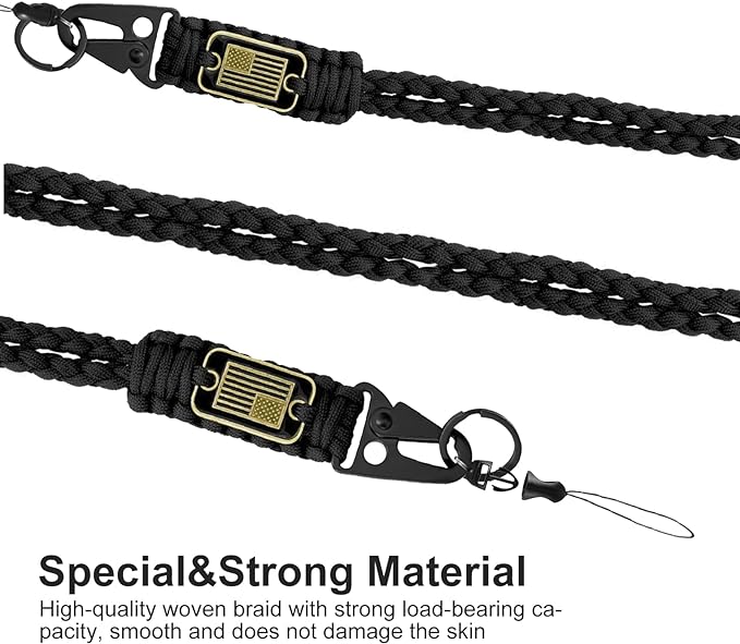 2 Pcs Stylish and Durable Lanyard for Keys - Heavy Duty Paracord Neck Lanyard with USA Flag Design for Wallets, Whistles, Cameras, and Phones - Perfect for Outdoor Activities[Black]
