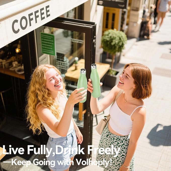 Volhoply 17oz Insulated Stainless Steel Water Bottle, Double Wall Vacuum Flask, Keeps Cold 24h & Hot 12h, Available in Packs of 1, 4, or 8（Green,1 Pack）