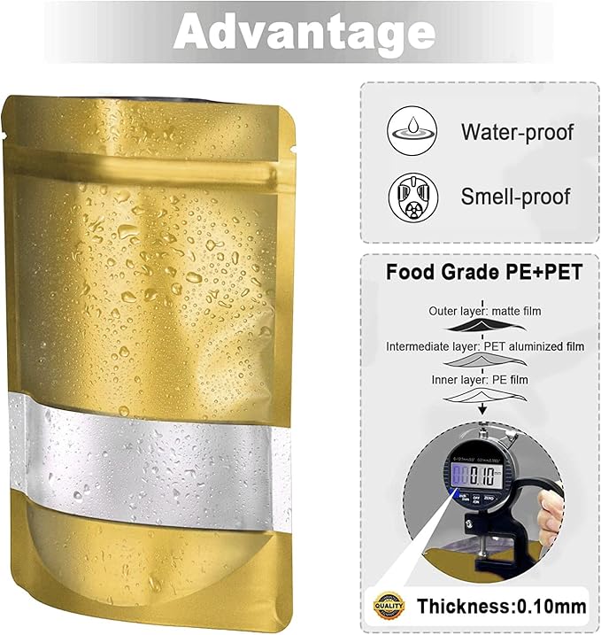 4.7"x7.8" 120pcs Mylar Bags for Food Storage,Smell Proof Bag with Matte Window Resealable Food Storage Bags for Small Business, Stand-up Foil Pouch Packaging Freeze Dried Candy Bag(Gold)