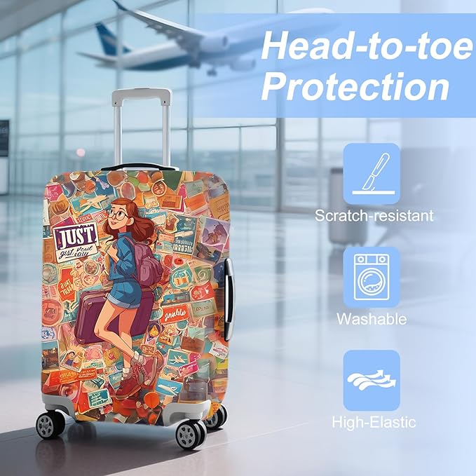 ANNA QUEEN Vintage Travel Stickers Gir Luggage Cover -Stretchable Airplane Suitcase Protector Sleeve,Universal Washable Fit for 28-30 Inch Checked Baggage,Water Resistant Durable Luggage Protector