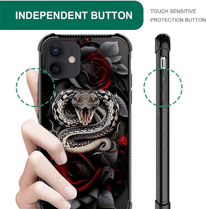 for iPhone 12/12 Pro Case, Entwined Rose Snake Pattern Graphic Design Girl Boy Soft Silicone Hard Acrylic Shock Protection for iPhone 12/12 Pro