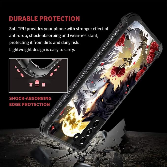 for Samsung Galaxy S21 FE Case, Black White Wolf Moon Flower Rose Pattern Graphic Design Girl Boy Soft Silicone Hard Acrylic Shock Protection for Samsung Galaxy S21 FE