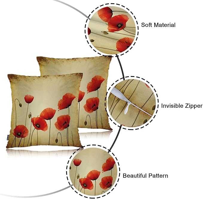 Swono Poppies Throw Pillow Cases, Grunge Poppy Flower Field Set of 2 Decorative Throw Pillow Cover, Square Pillow Cushion Case Home Decor for Sofa Couch Bed Car 18x18 Inches, Brown Red