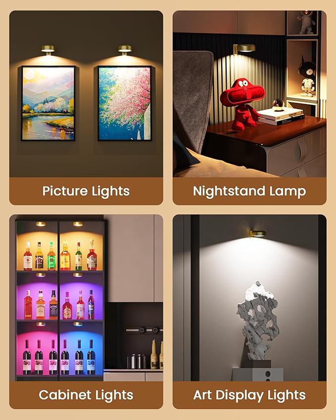 Picture Lights for Wall,Wireless 2000mAh Rechargeable Magnetic LED Puck Lights with Remote,3 Color Temps and 12 RGB,Dimming & Timer,Art Frame Light for Painting Display,Photos,Wall Decor(6 Pack)