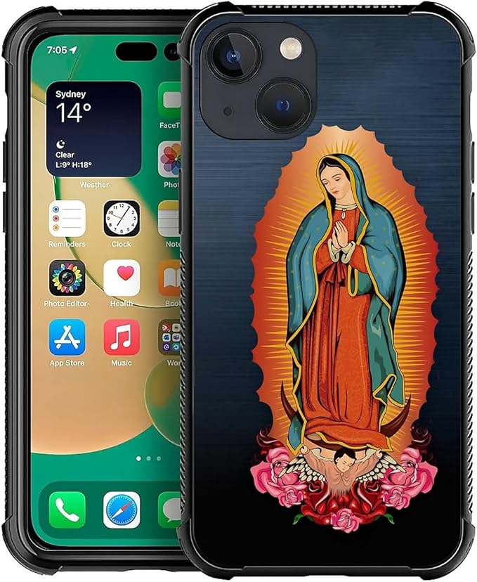for iPhone 13 Case, Red Virgen Guadalupe Pattern Graphic Design Girl Boy Soft Silicone Hard Acrylic Shock Protection for iPhone 13