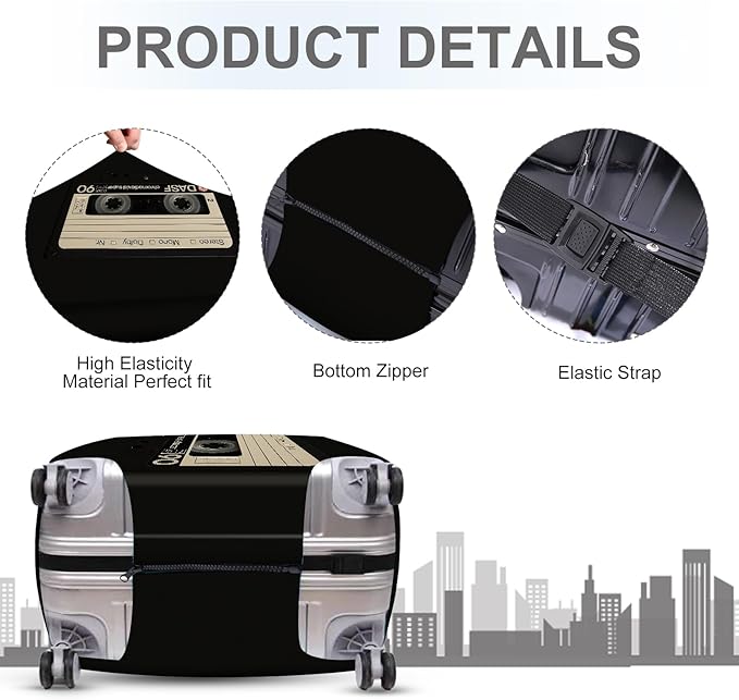 ANNA QUEEN Retro Cassette Tape Luggage Cover, Vintage Music Design Suitcase Protector, Washable Stretchable Travel Sleeve for 20-22 Inch Luggage