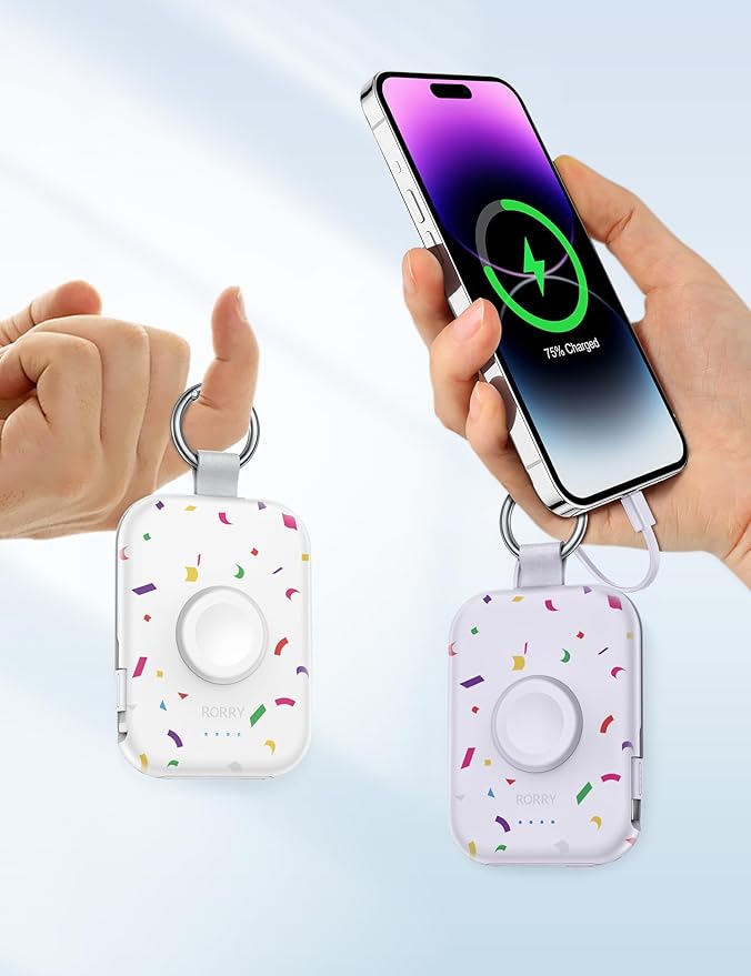 RORRY Portable Charger, 5000mAh Portable Charger Power Bank with Built-in Cables, Travel Keychain Battery Pack for Apple Watch Ultra/11/10/9/8/7/6/SE, iPhone Air/17/16/15/14/13/12, Confetti-White