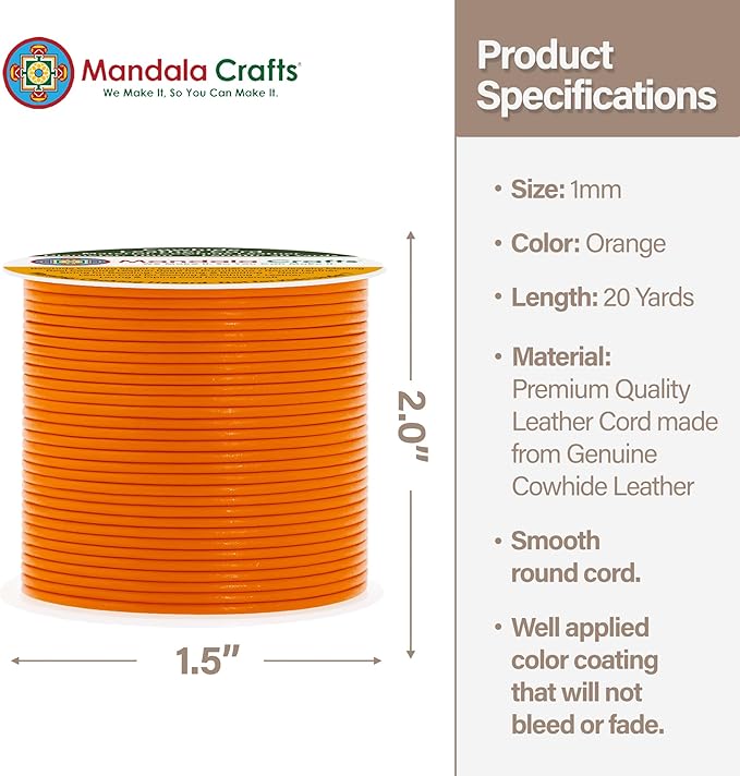 Mandala Crafts Round Genuine Orange Leather Cord for Jewelry Making – 1mm Cowhide Leather Rope String Lace for Kumihimo – 20 Yards Cowhide Craft Cording Spool