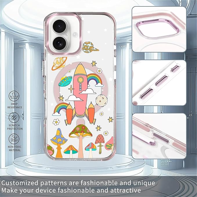 Case for iPhone 16,[Compatible with MagSafe],Spaceship Mushroom Phone Case Design，for Women Girls Magnetic Clear Cover - Slim, Sleek, & Shockproof Protection