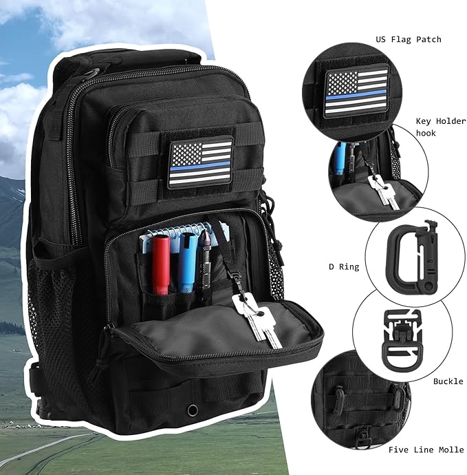Rover Sling Pack Tactical Shoulder Sling Bag Backpack with Bottle Holder Crossbody Chest Bag, Black