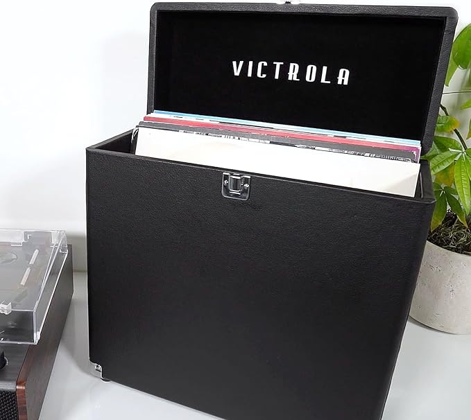 Victrola Collector – Record Storage Case – Holds 30+ Vinyl Turntable Records, Heavy-Duty Hardware, Hinges, & Smart Metal Corners, Portable with Easy-Carry Handle (Retro Map)
