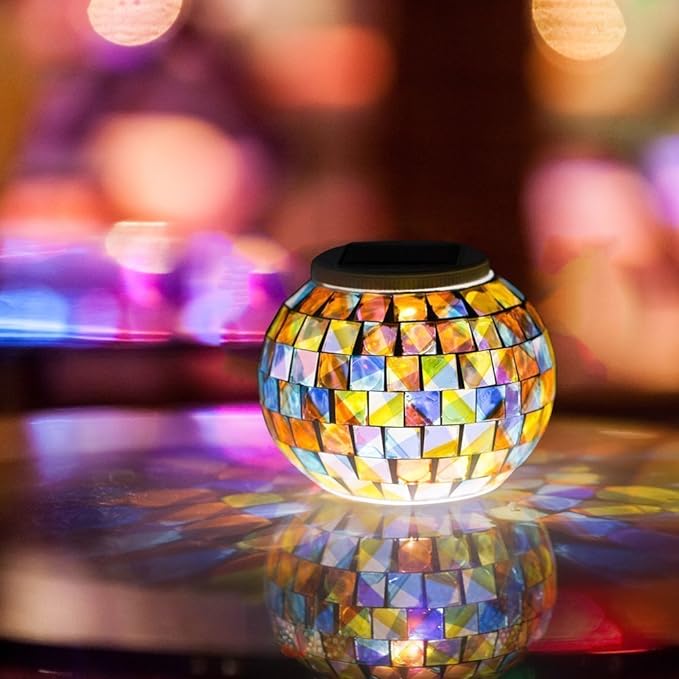 WSgift Color Changing Solar Powered Glass Mosaic Ball Led Garden Lights, Rechargeable Outdoor Waterproof Solar Night Lights Table Lamps for Decorations, Ideal Gifts