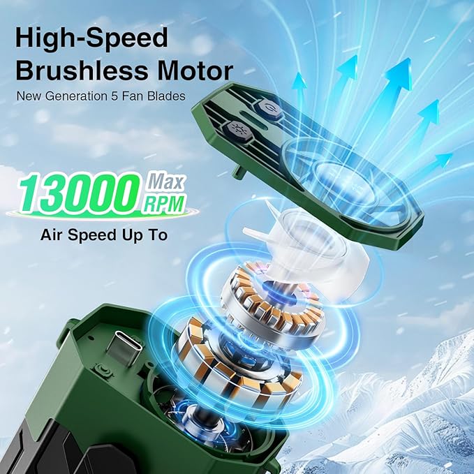 Portable Fan 4000mAh Rechargeable, 4 Speeds 13000RPM Strong Airflow, Personal Waist Fan with Max 24H Working Time, Wearable Clip Belt fan for Camping, Outdoor, Jobsite, Traveling -Green & Black