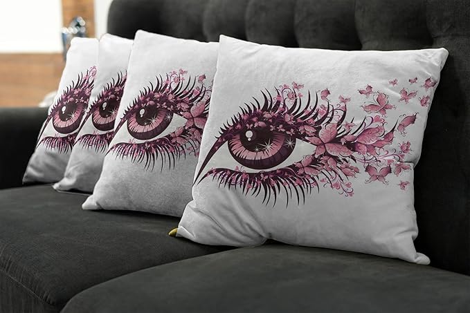 Ambesonne Butterflies Throw Pillow Cushion Case Pack of 4, Female Eye Eyelashes Mascara Stare Party Makeup Animal Print, Modern Accent Double-Sided Digital Printing, 20", Pink White
