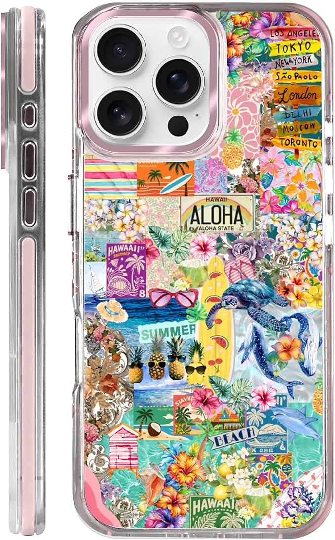 Case for iPhone 16 Pro Max,[Compatible with MagSafe],Hawaii Aloha Cover Coastal Beach Collage Phone Case Design，for Women Girls Magnetic Clear Cover - Slim, Sleek, & Shockproof Protection