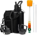 Insulated Water Bottle 64oz,Triple Wall Vacuum Stainless Steel(Dishwasher Safe),Leak Proof & Non-BPA,Flask Jug with Paracord Handle & Straw Spout Lids Sports Black