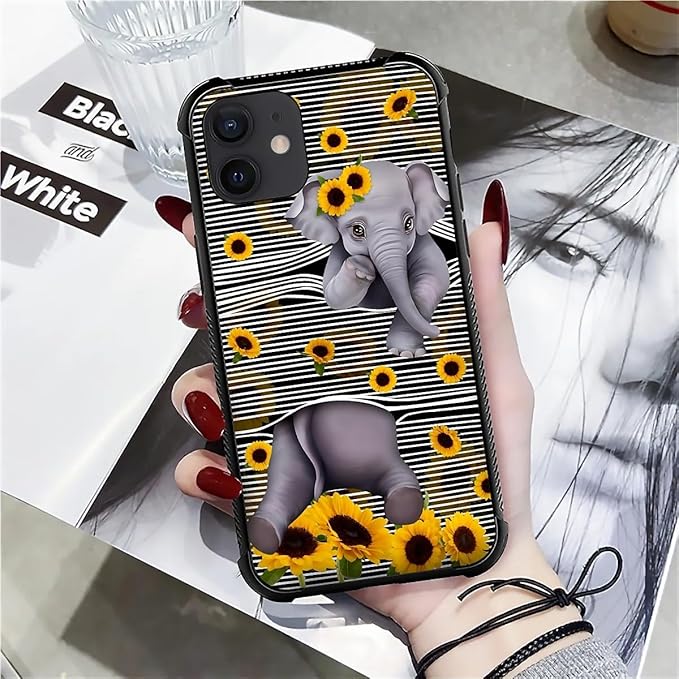 for iPhone 12 Mini Case, Cute Little Elephant Sunflower White Line Art Pattern Made of Soft Silicone Hard Acrylic Shock Protection for iPhone 12 Mini