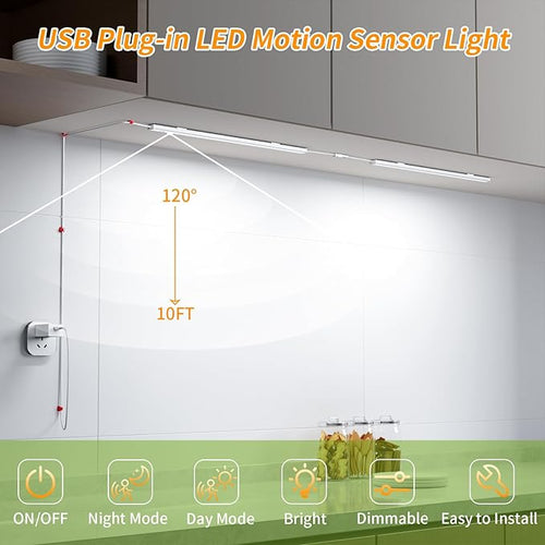 14" Slim USB Plug-in LED Motion Sensor Light Indoor, Bright & Dimmable Under Cabinet Light - 3 Modes (ON/Night/Day) for Kitchen, Cabinet, Closet - 3000K Warm White, 1 Pack (2 Linkable)