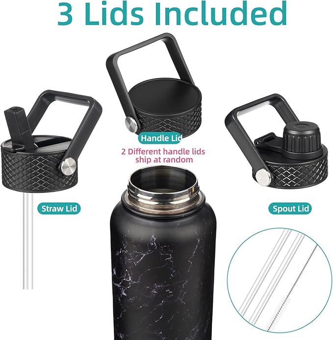 Konokyo 32 oz Insulated Water Bottle Stainless Steel Sport Bottles with 3 Lids,Marble Midnight