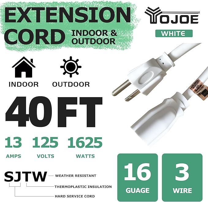 YOJOE Indoor Outdoor Extension Cord, 3 Prong 13A Weatherproof Power Cord, 16 Gauge Heavy Duty 40 ft White Extension Cord for Garage, Garden and Home, 16/3 SJTW UL Listed