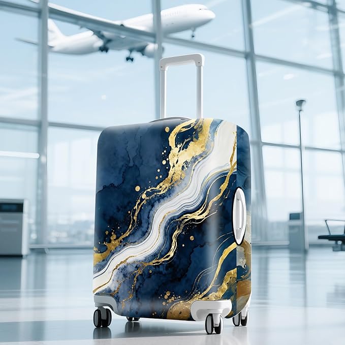 ANNA QUEEN Blue Abstract Marble Travel Luggage Cover -Stretchable Airplane Suitcase Protector Sleeve,Universal Washable Fit for 20-26 Inch Checked Baggage,Water Resistant Durable Luggage Protector