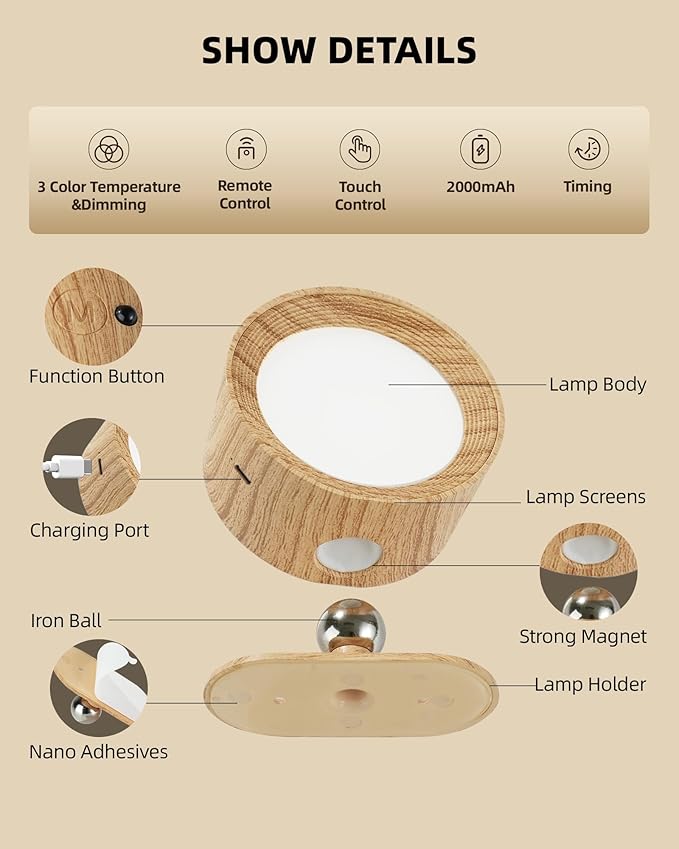 LED Wall Mounted Lights, Rechargeable Wall Sconce Lamps, 3 Color Temps & Remote and Touch, 360° Rotation Dimmable Cordless Wall Light for Study Bedroom Reading Bedside (Wood, 1 Pack)