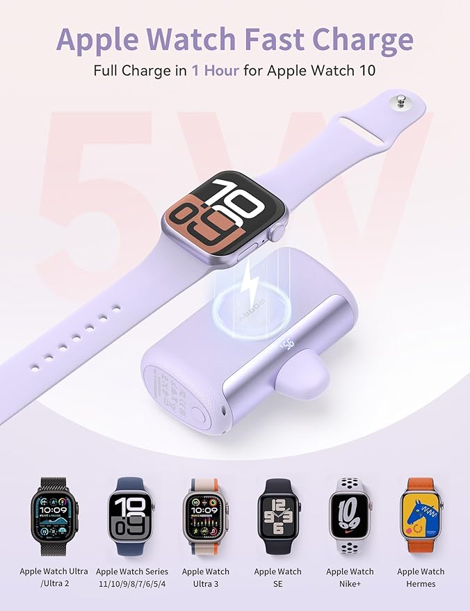RORRY PalmGo Portable Charger, 10000mAh PD 22.5W Fast Charging Mini Power Bank with Built-in USB C Connector, 3-in-1 Battery Pack for iPhone 17/16/15 Pro/Max, Apple Watch Ultra/11/10/SE, iPad, Pink