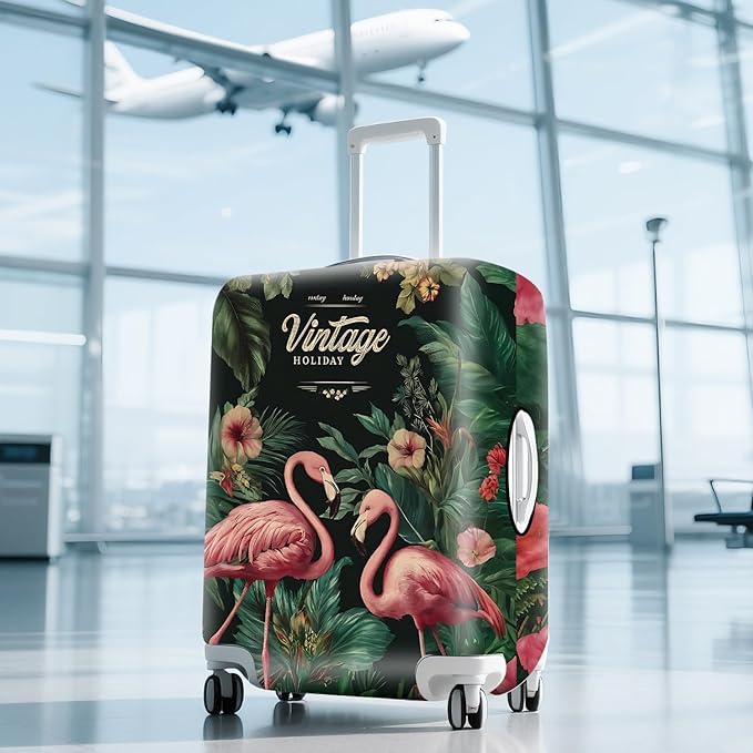 ANNA QUEEN Tropical Pink Flamingos Travel Luggage Cover -Stretchable Airplane Suitcase Protector Sleeve,Universal Washable Fit for 28-30 Inch Checked Baggage,Water Resistant Durable Luggage Protector