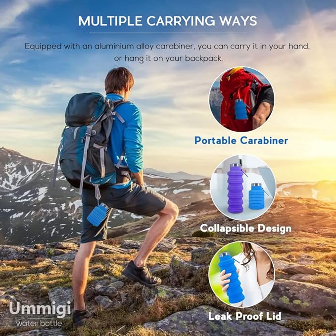 Collapsible Water Bottles，2 pack BPA Free Travel Silicone Water Bottle with Carabiner，17oz Reusable Foldable Lightweight Portable Sports Water Bottle for Travel Gym Camping Hiking