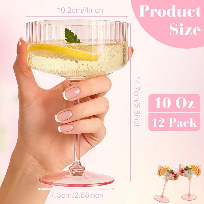 PLULON 12 Pcs Pink Champagne Martini Glasses Set 10 Oz Plastic Ribbed Coupe Cup, Cocktail Glasses Champagne Cup Tower Vintage Margarita Glassware for Clubs Gifts Wedding Bachelor Party Outdoor Events