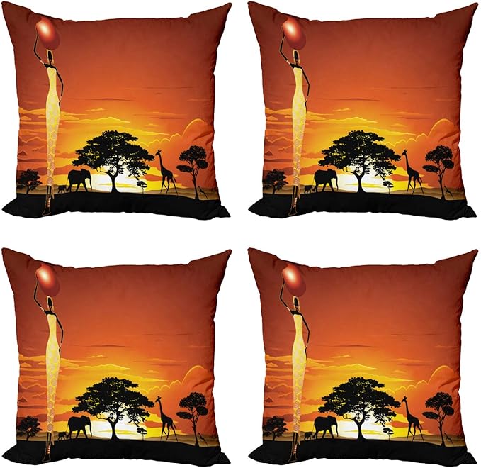 Ambesonne Elephant Throw Pillow Cushion Case Pack of 4, Woman and Wild Landscape with Animals, Modern Accent Double-Sided Digital Printing, 16", Orange Black