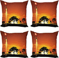 Ambesonne Elephant Throw Pillow Cushion Case Pack of 4, Woman and Wild Landscape with Animals, Modern Accent Double-Sided Digital Printing, 24", Orange Black