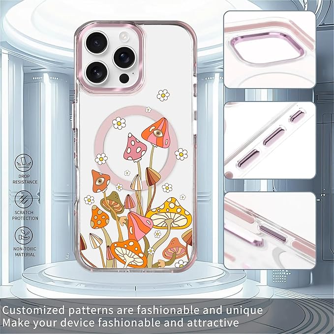 Case for iPhone 16 Pro Max,[Compatible with MagSafe],Retro Mushroom Sunflower Phone Case Design，for Women Girls Magnetic Clear Cover - Slim, Sleek, & Shockproof Protection