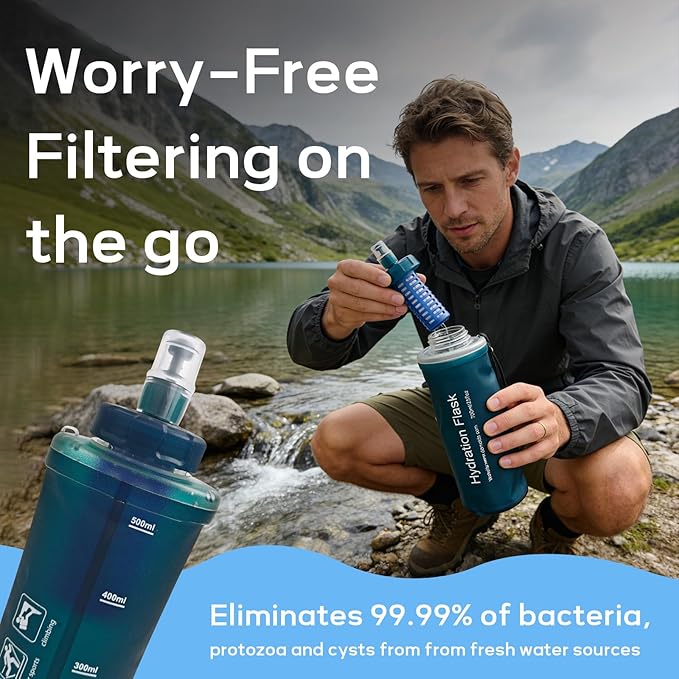 500ml Soft Flask Water Bottle, Collapsible Water Bottle with Filter, Perfect for Hiking, Backpacking, and Camping - Dark Green