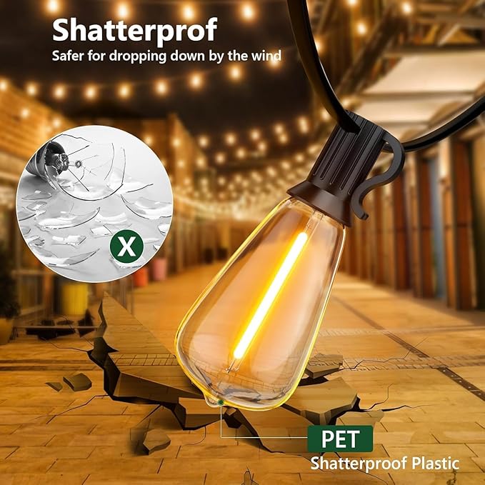 100FT Outdoor String Lights, Waterproof Patio Lights with Shatterproof ST38 Vintage Edison Bulbs, Connectable Outside Hanging Lights for Backyard, Porch, Deck, Balcony, Garden, 2700K Dimmable