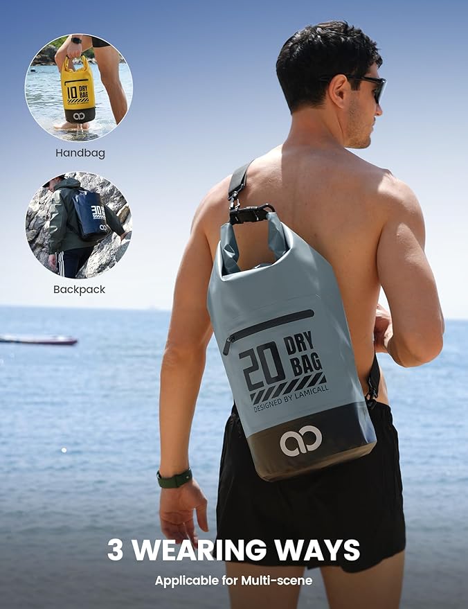 Lamicall Waterproof Dry Bag with Phone Pouch, Floating Roll Top Backpack, 20L, Grey