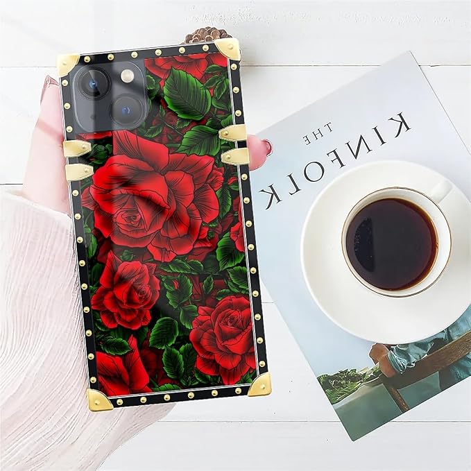 Compatible with iPhone 14 Case, Vector Red Rose Green Leaf Luxury Golden Decoration for Girl Women Soft TPU Shockproof Protective Hard PC Back for iPhone 14