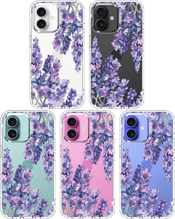 MOSNOVO Case for iPhone 16, [Buffertech 6.6ft Military-Grade Drop Protection] [Anti Peel Off Tech] Clear TPU Bumper Phone Case Cover Design - Lavender