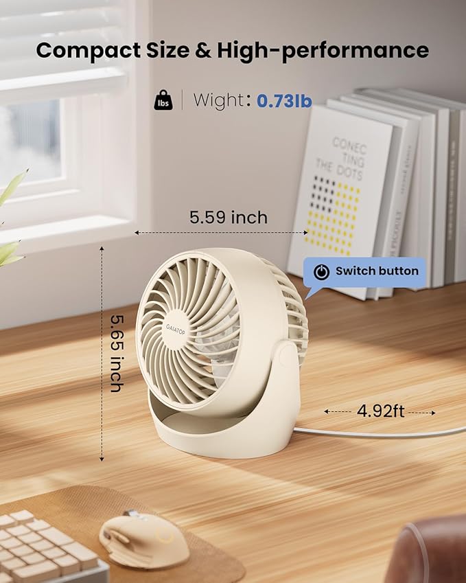 Gaiatop Desk Fan, 5-Inch Portable Electric Table Desktop Air Circulator Fans, Small but Powerful with 3 Speed 360° Adjustable Tilt for Cooling Home Dorm Office Bedroom Bathroom Kitchen, Beige
