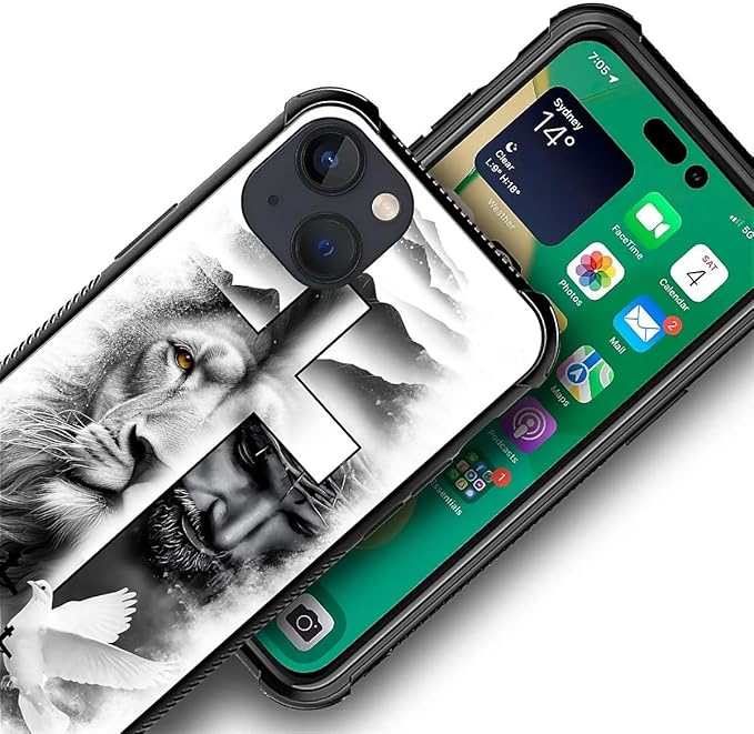 for iPhone 14 Plus Case, Lion Cross Jesus Christ Dove Pattern Made of Soft Silicone Hard Acrylic Shock Protection for iPhone 14 Plus