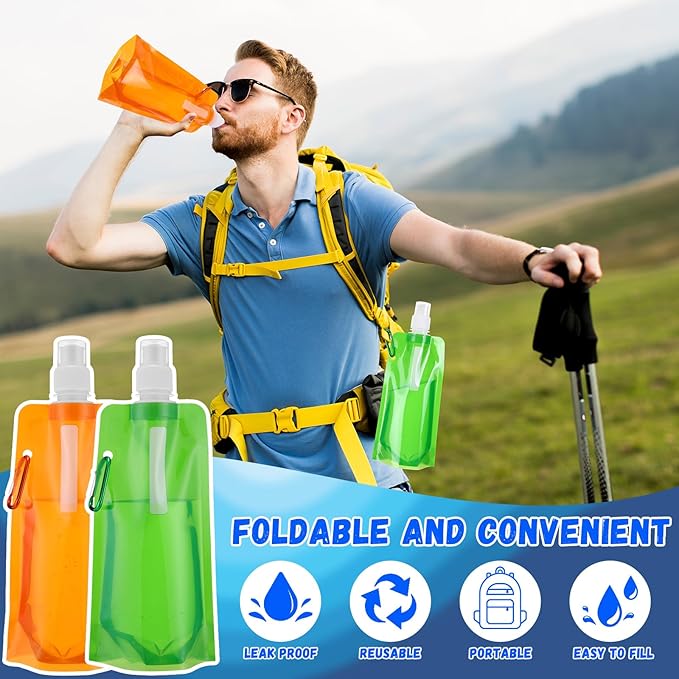 Teenyyou 24 Pack Collapsible Water Bottles Bulk 16oz Foldable Water Bottles with Carabiner Reusable Drinking Leak Proof Container Bags for Sport Biking Hiking Camping Travel Outdoor (6 Colors)