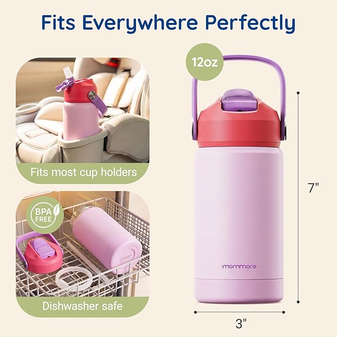 Mommore Kids Water Bottle 12 oz, Insulated Stainless Steel Water Bottle with Straw, Leakproof & BPA-Free, Vacuum Insulated Travel Water Bottle for School, Outdoor Car-1 Pc