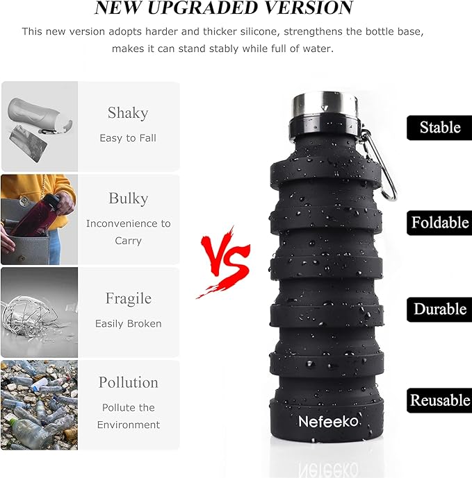 Nefeeko Collapsible Water Bottle, Reuseable BPA Free Silicone Foldable Water Bottles for Travel Gym Camping Hiking, Portable Leak Proof Sports Water Bottle with Carabiner
