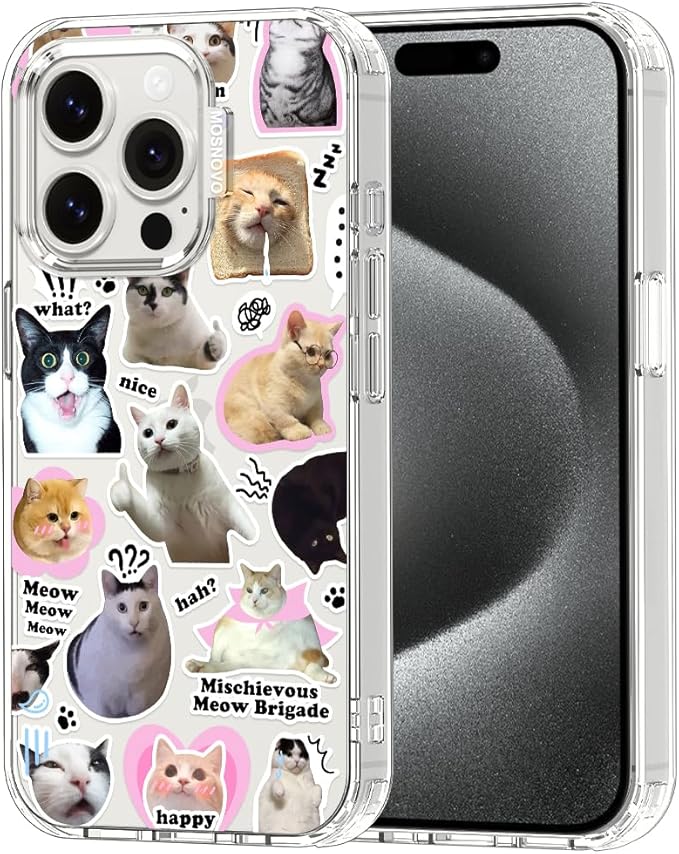MOSNOVO Case for iPhone 15 Pro, [Buffertech 6.6ft Military-Grade Drop Protection] [Anti Peel Off Tech] Clear TPU Bumper Phone Case Cover Design - The Cat Brigade